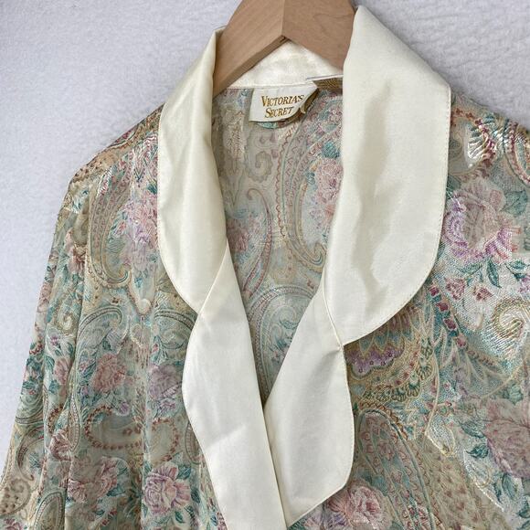 VICTORIAS SECRET Robe M Gold Label Sheer Floral Paisley Jacquard Long Ivory VTG - Picture 2 of 13